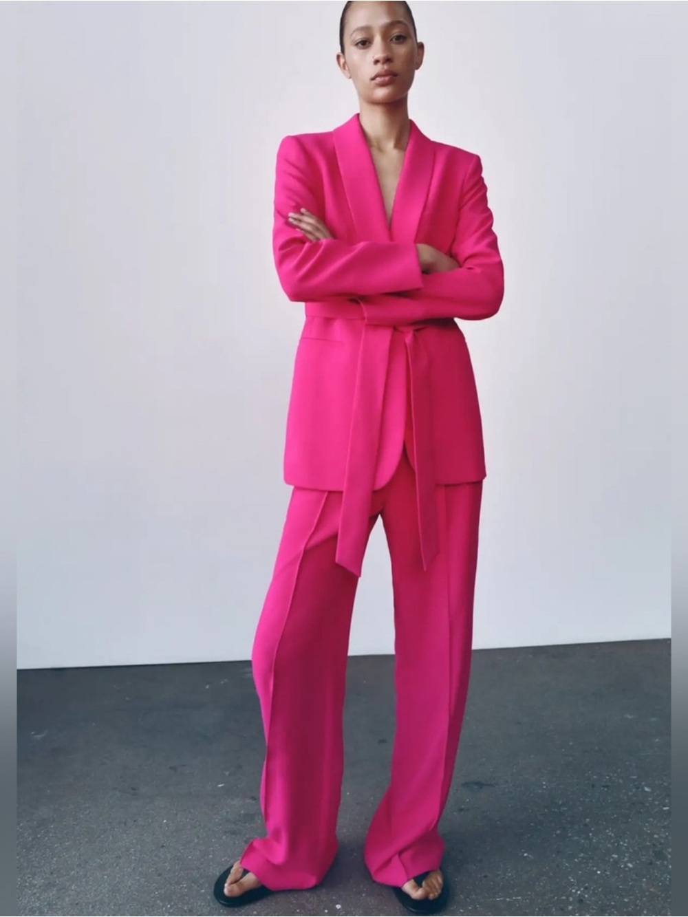 Women's Hot Pink Tailored Belted Blazer & Wide-Leg Pants Set
